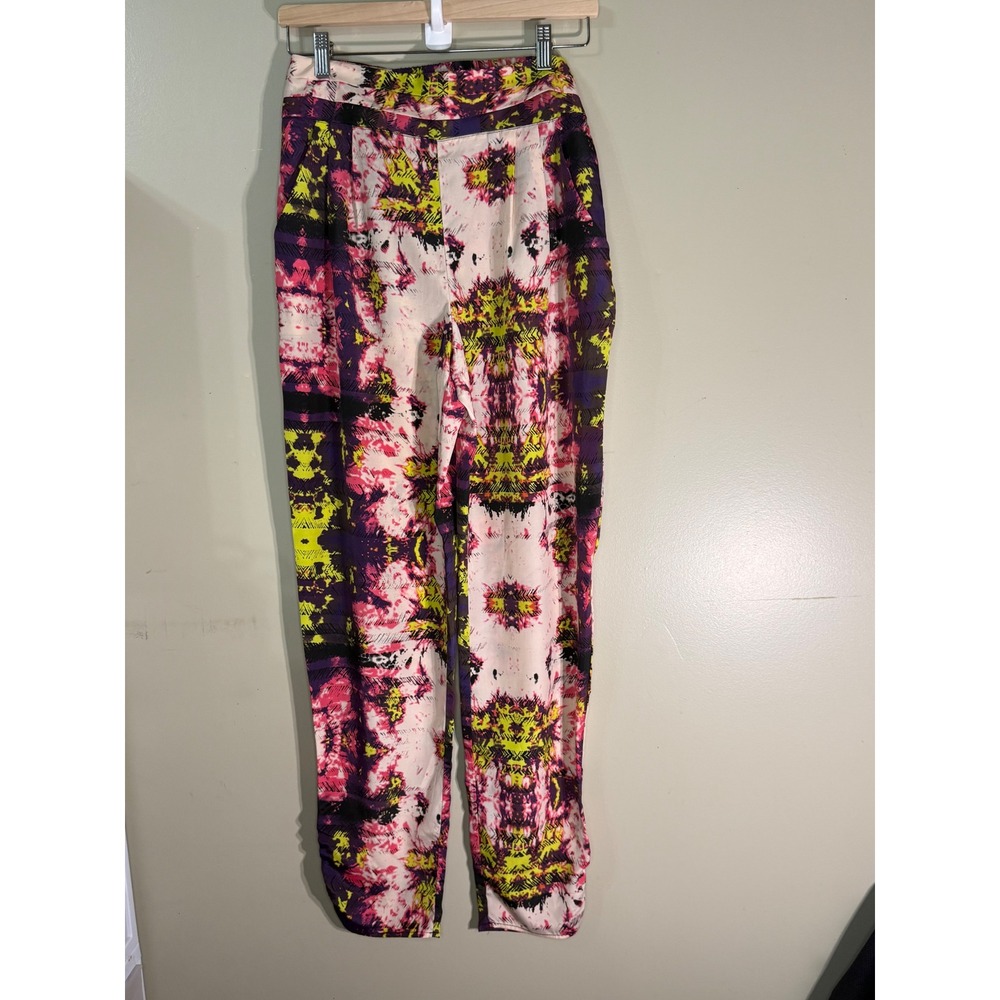 Material Girl Pink Yellow Abstract Print Tapered Leg Pants Size M Elastic Waist